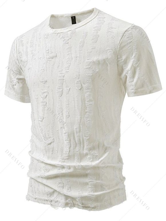 T-shirt décontracté à manches courtes et col rond pour homme, couleur unie, rayé et déchiré, idéal pour l'été - Blanc XXL