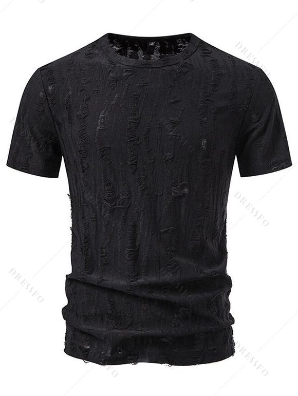 T-shirt décontracté à manches courtes et col rond pour homme, couleur unie, rayé et déchiré, idéal pour l'été - Noir XXL | US 12