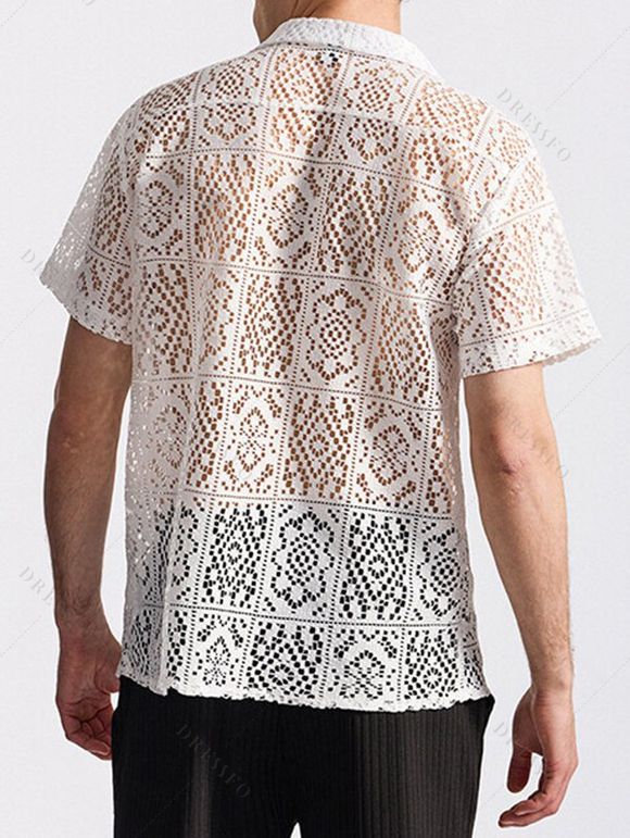 Chemise à manches courtes et col rabattu pour homme, couleur unie, motif floral, ajourée, décontractée, boutonnée - Blanc XXL