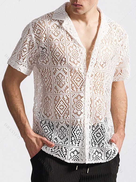 Chemise à manches courtes et col rabattu pour homme, couleur unie, motif floral, ajourée, décontractée, boutonnée - Blanc XXL