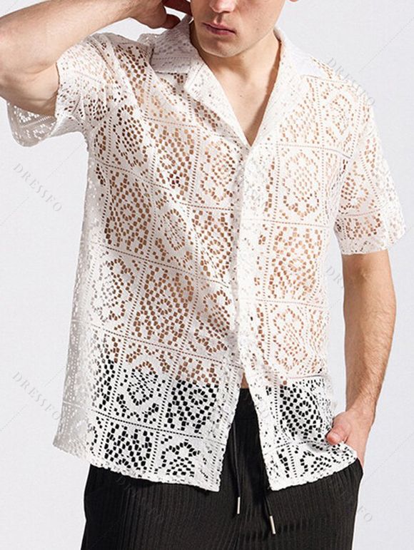 Chemise à manches courtes et col rabattu pour homme, couleur unie, motif floral, ajourée, décontractée, boutonnée - Blanc XXL