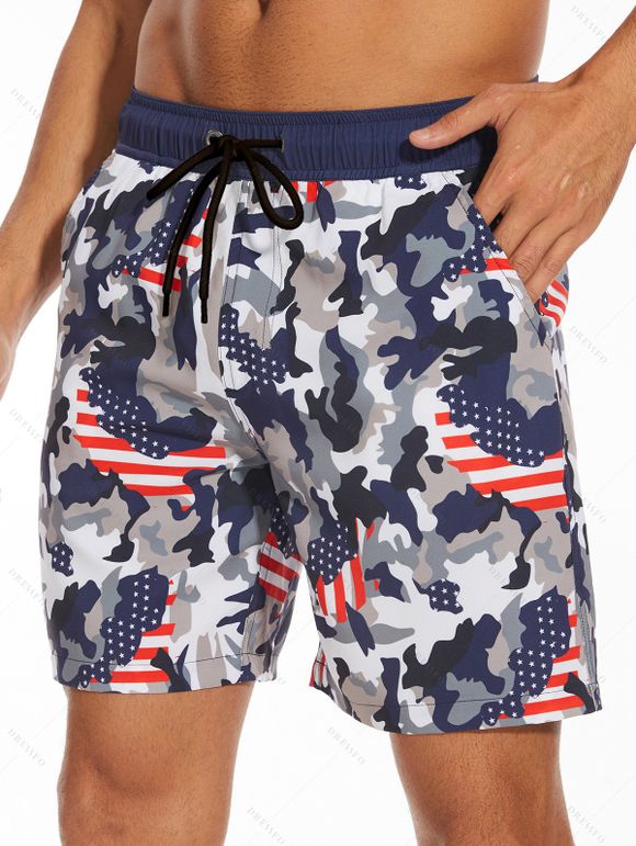 Short de plage pour homme avec cordon de serrage et imprimé carte américaine, poche intérieure, taille élastique - multicolor A XXXL
