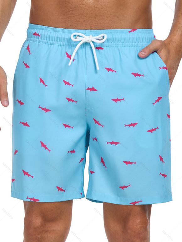 Short de plage à cordon de serrage pour homme, motif poisson, poche intérieure, taille élastique, short de bain - Bleu XXXL