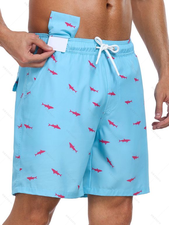 Short de plage à cordon de serrage pour homme, motif poisson, poche intérieure, taille élastique, short de bain - Bleu XXXL