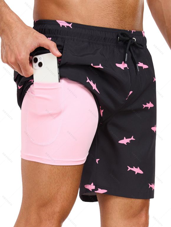 Short de plage à cordon de serrage pour homme, motif poisson, poche intérieure, taille élastique, short de bain - Noir XXXL | US 14