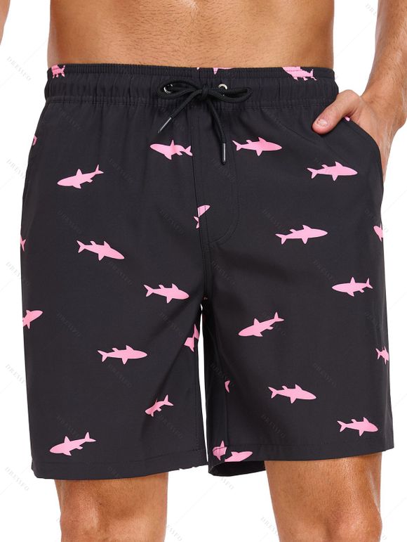 Short de plage à cordon de serrage pour homme, motif poisson, poche intérieure, taille élastique, short de bain - Noir S