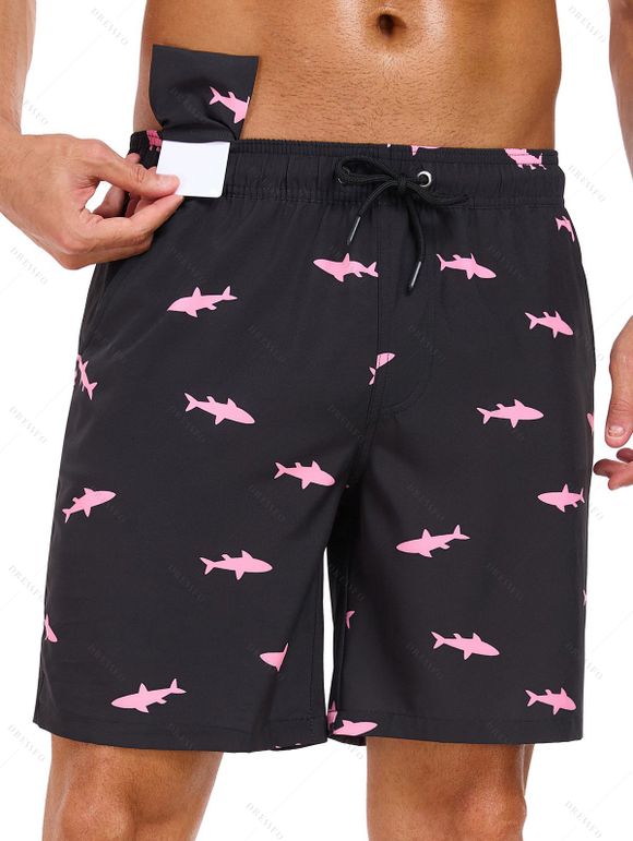 Short de plage à cordon de serrage pour homme, motif poisson, poche intérieure, taille élastique, short de bain - Noir S