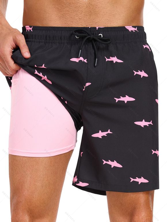 Short de plage à cordon de serrage pour homme, motif poisson, poche intérieure, taille élastique, short de bain - Noir S