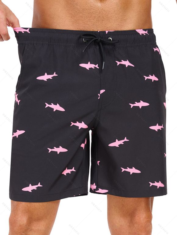 Short de plage à cordon de serrage pour homme, motif poisson, poche intérieure, taille élastique, short de bain - Noir S