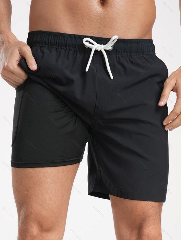 Short de plage uni pour homme avec cordon de serrage et poche intérieure, taille élastique - Noir S