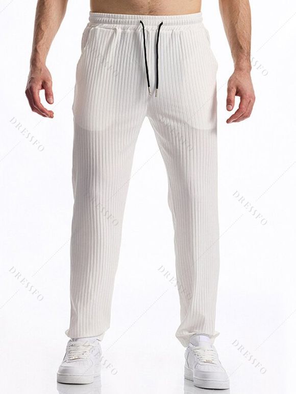 Pantalon texturé uni pour homme, poches à cordon de serrage, taille élastique, décontracté, long - Blanc XXXL | US 14