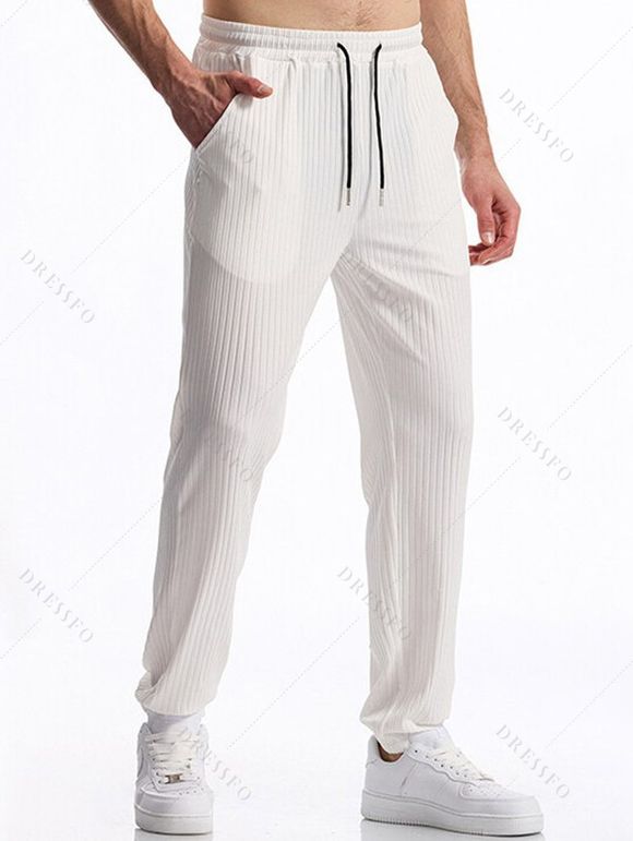 Pantalon texturé uni pour homme, poches à cordon de serrage, taille élastique, décontracté, long - Blanc M
