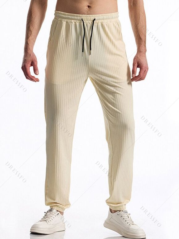 Pantalon texturé uni pour homme, poches à cordon de serrage, taille élastique, décontracté, long - Beige XXXL