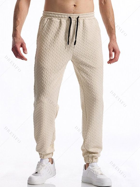 Pantalon décontracté à taille élastique et cordon de serrage pour homme, couleur unie, texturé, noué à la cheville - café lumière XXXL | US 14