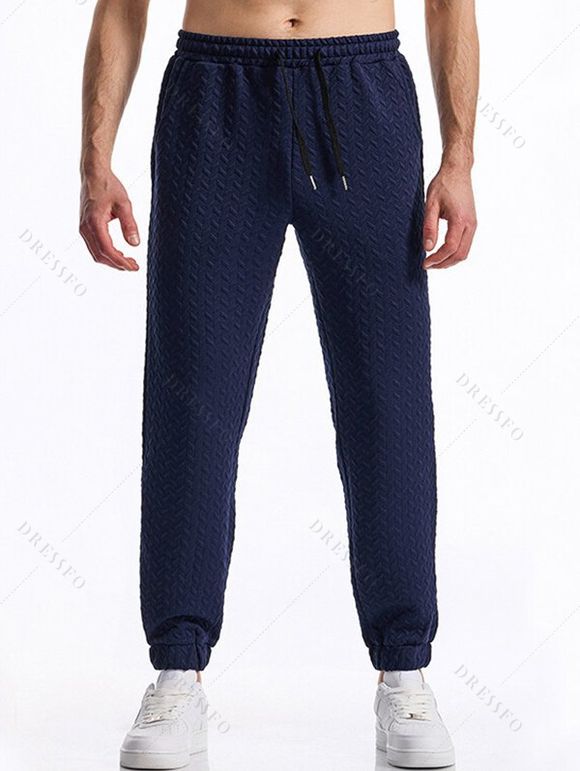 Pantalon décontracté à taille élastique et cordon de serrage pour homme, couleur unie, texturé, noué à la cheville - Bleu profond XXXL | US 14