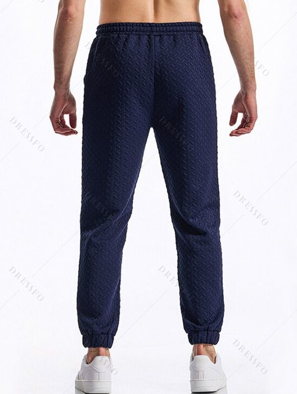Pantalon décontracté à taille élastique et cordon de serrage pour homme, couleur unie, texturé, noué à la cheville - Bleu profond L