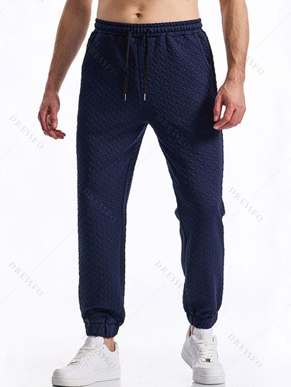 Pantalon décontracté à taille élastique et cordon de serrage pour homme, couleur unie, texturé, noué à la cheville - Bleu profond L