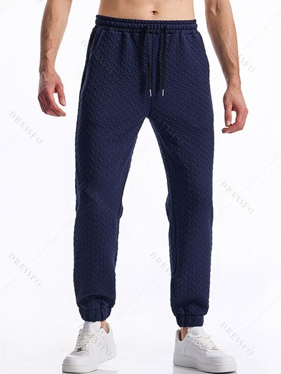Pantalon décontracté à taille élastique et cordon de serrage pour homme, couleur unie, texturé, noué à la cheville - Bleu profond L