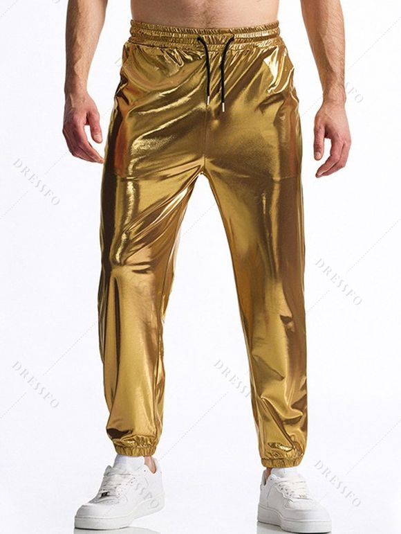 Pantalon de soirée brillant uni pour homme, noué à la cheville, avec cordon de serrage, taille élastique, pantalon long - d'or S