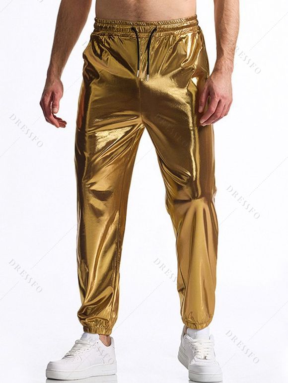 Pantalon de soirée brillant uni pour homme, noué à la cheville, avec cordon de serrage, taille élastique, pantalon long - d'or S