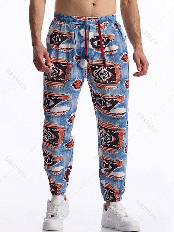 Pantalon décontracté à imprimé ethnique pour homme, avec cordon de serrage et poches, taille élastique - multicolor A XXXL