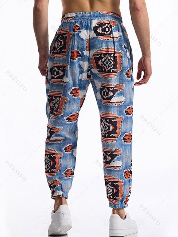 Pantalon décontracté à imprimé ethnique pour homme, avec cordon de serrage et poches, taille élastique - multicolor A L