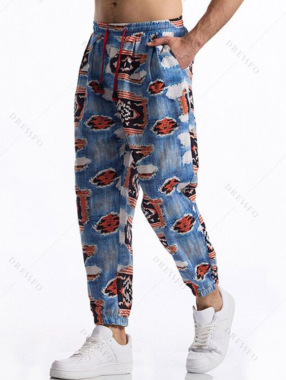 Pantalon décontracté à imprimé ethnique pour homme, avec cordon de serrage et poches, taille élastique - multicolor A L