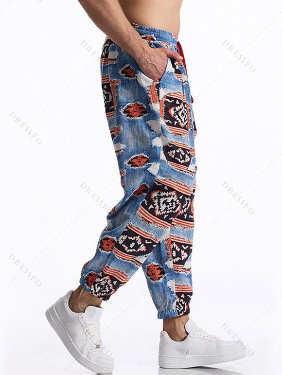 Pantalon décontracté à imprimé ethnique pour homme, avec cordon de serrage et poches, taille élastique - multicolor A L