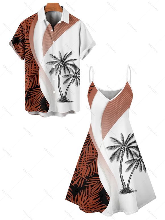 Colorblock Coconut Tree Leaf Print Spaghetti Strap Vacation Dress And Roll Up Sleeve Shirt Matching Outfit - Orange S | US 4