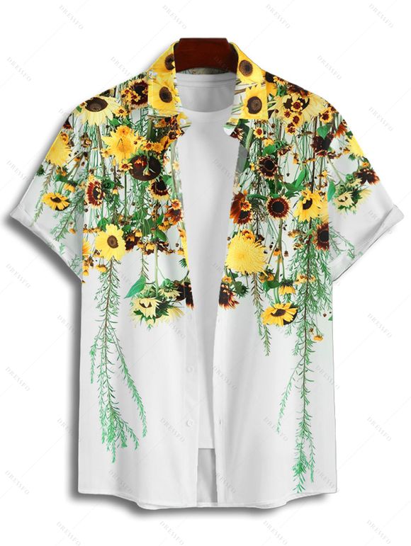Chemise décontractée à manches courtes et boutons pour homme, motif floral et feuilles, idéale pour les vacances - Blanc 4XL