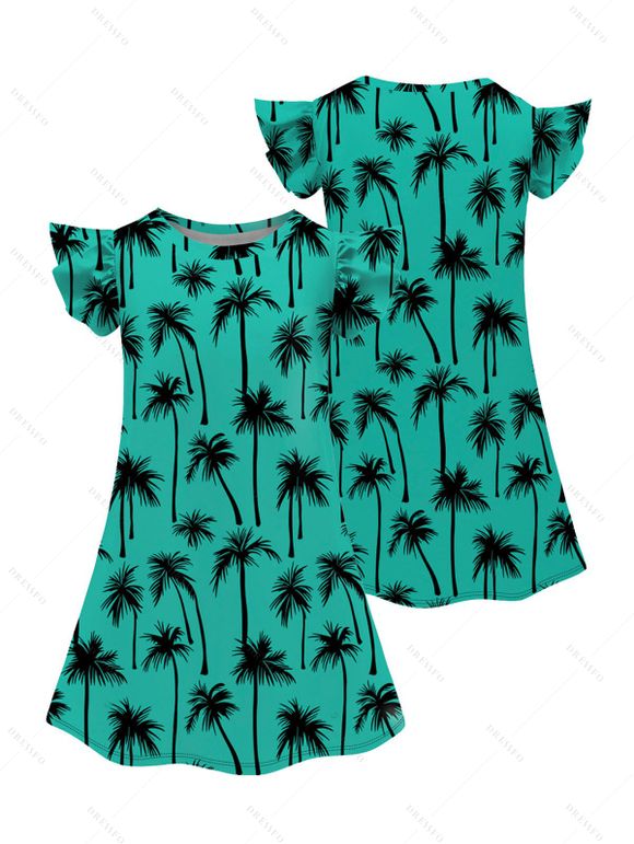 Girls Dress Palm Tree Pattern Short Flutter Sleeve Dress Round Neck A Line Mini Vacation Kid Dress - Vert clair 160