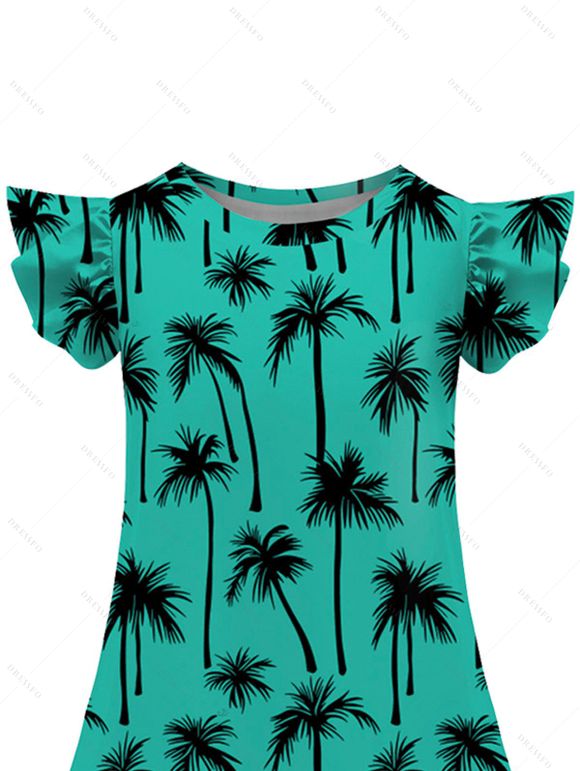 Girls Dress Palm Tree Pattern Short Flutter Sleeve Dress Round Neck A Line Mini Vacation Kid Dress - Vert clair 160