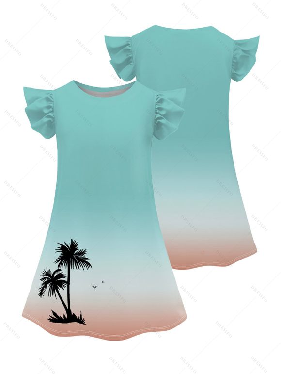 Girls Dress Ombre Coconut Tree Pattern Short Flutter Sleeve Dress Round Neck A Line Mini Vacation Kid Dress - Vert clair 160