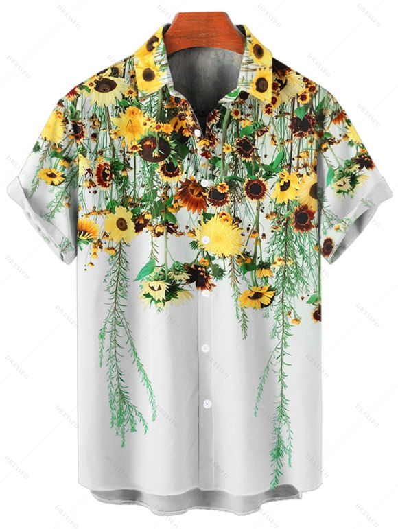 Vacation Couple Outfit Floral Leaf Printed Flare A Line Slip Mini Dress and Roll Up Sleeve Shirt Matching Outfit - Blanc S | US 4