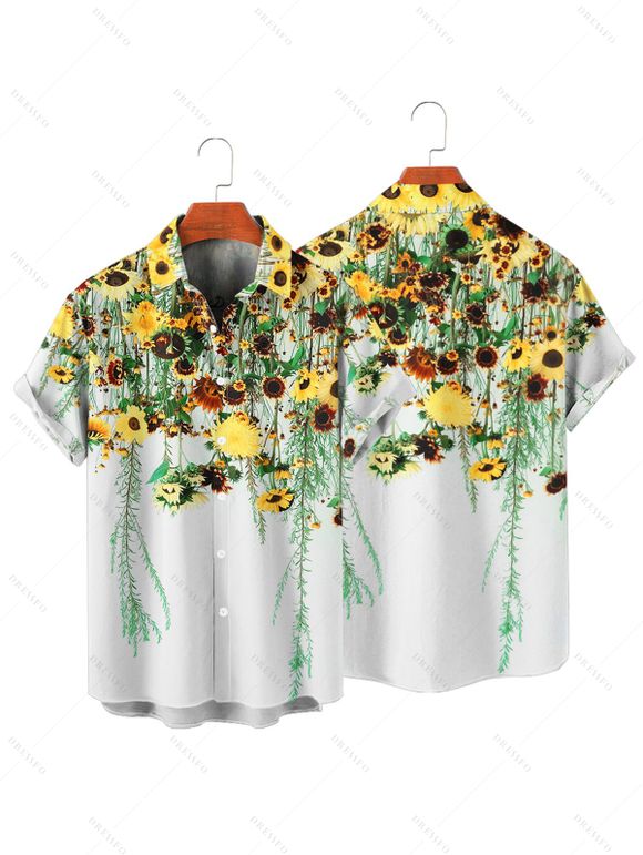 Vacation Couple Outfit Floral Leaf Printed Flare A Line Slip Mini Dress and Roll Up Sleeve Shirt Matching Outfit - Blanc S | US 4