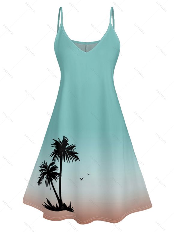 Family Outfit Ombre Palm Tree Print Spaghetti Strap Dress and Shirt Drawstring Shorts Vacation Outfit - Vert clair S | US 4