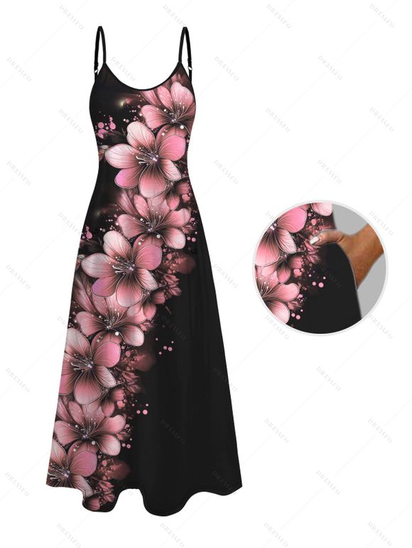 Robe de vacances à pois et motif floral, avec poches, bretelles spaghetti, coupe trapèze, décontractée - Rose clair XXL | US 14
