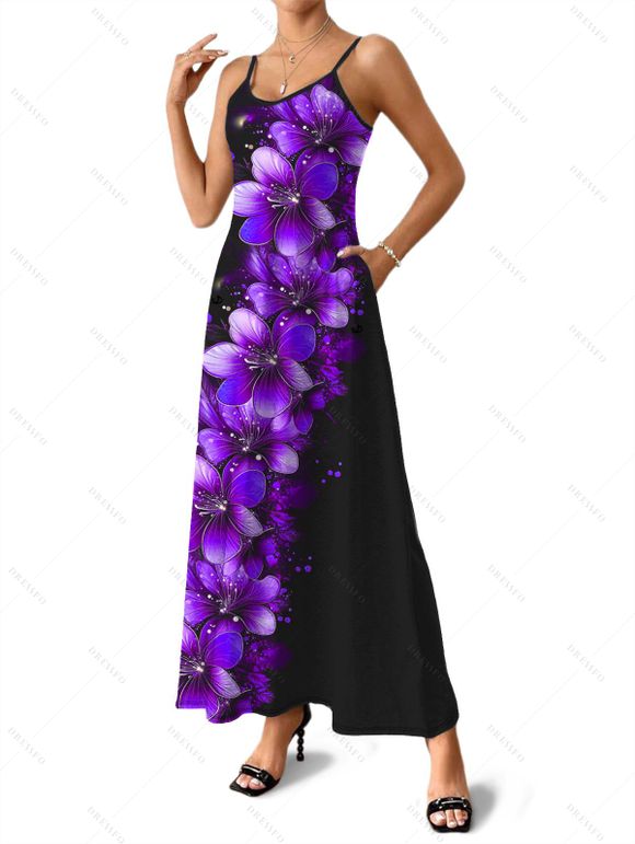 Robe de vacances à pois et motif floral, avec poches, bretelles spaghetti, coupe trapèze, décontractée - Pourpre XL | US 12