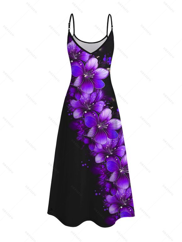 Robe de vacances à pois et motif floral, avec poches, bretelles spaghetti, coupe trapèze, décontractée - Pourpre XL | US 12