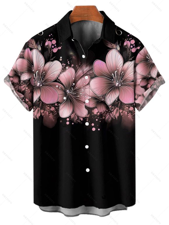 Chemise de vacances à pois et motif floral pour homme, manches retroussées, boutonnée, décontractée - Rose clair 5XL