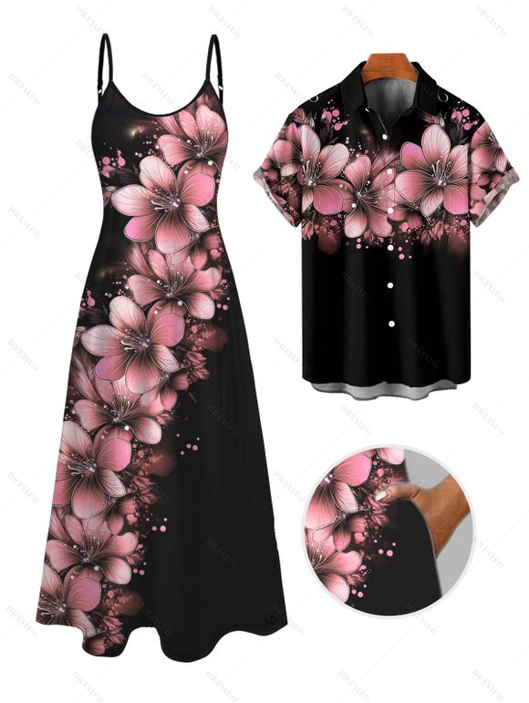 Vacation Couple Outfit Dots Floral Pattern Spaghetti Strap A Line Tank Dress and Roll Up Sleeve Shirt Matching Outfit - Rose clair S | US 4