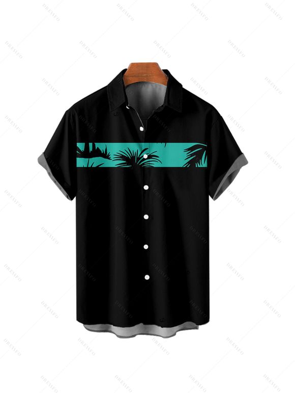Boy's Coconut Tree Pattern Vacation Shirt Button Up Roll Up Short Sleeve Kid Shirt - Noir 160