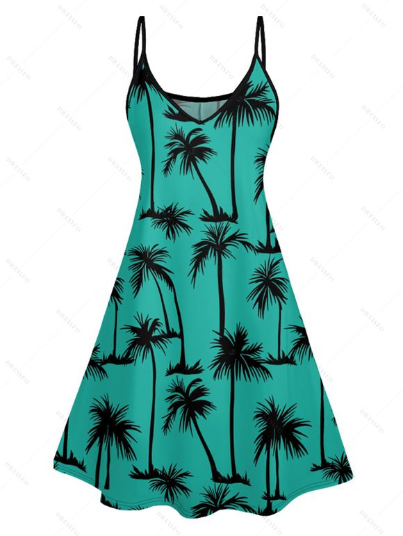 Palm Tree Print V Neck Women's Mini Dress Men's Button Up Shirt Men's Shorts and Kid Shirt Outfit - Vert clair S | US 4