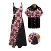 Vacation Couple Outfit Dots Floral Pattern Spaghetti Strap A Line Tank Dress and Roll Up Sleeve Shirt Matching Outfit - Rose clair S | US 4