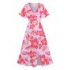 Robe mi-longue à imprimé hibiscus hawaïen, col en V, ourlet fendu, manches flottantes - Rose clair M | US 6