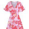 Robe mi-longue à imprimé hibiscus hawaïen, col en V, ourlet fendu, manches flottantes - Rose clair M | US 6