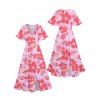 Robe mi-longue à imprimé hibiscus hawaïen, col en V, ourlet fendu, manches flottantes - Rose clair M | US 6