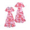Tropical Print V Neck Split Hem Flutter Sleeve Vacation Dress And Short Sleeve Shirt Matching Outfit - Rose clair S | US 4