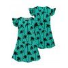 Girls Dress Palm Tree Pattern Short Flutter Sleeve Dress Round Neck A Line Mini Vacation Kid Dress - Vert clair 140
