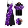 Vacation Couple Outfit Dots Floral Pattern Spaghetti Strap A Line Tank Dress and Roll Up Sleeve Shirt Matching Outfit - Pourpre S | US 4